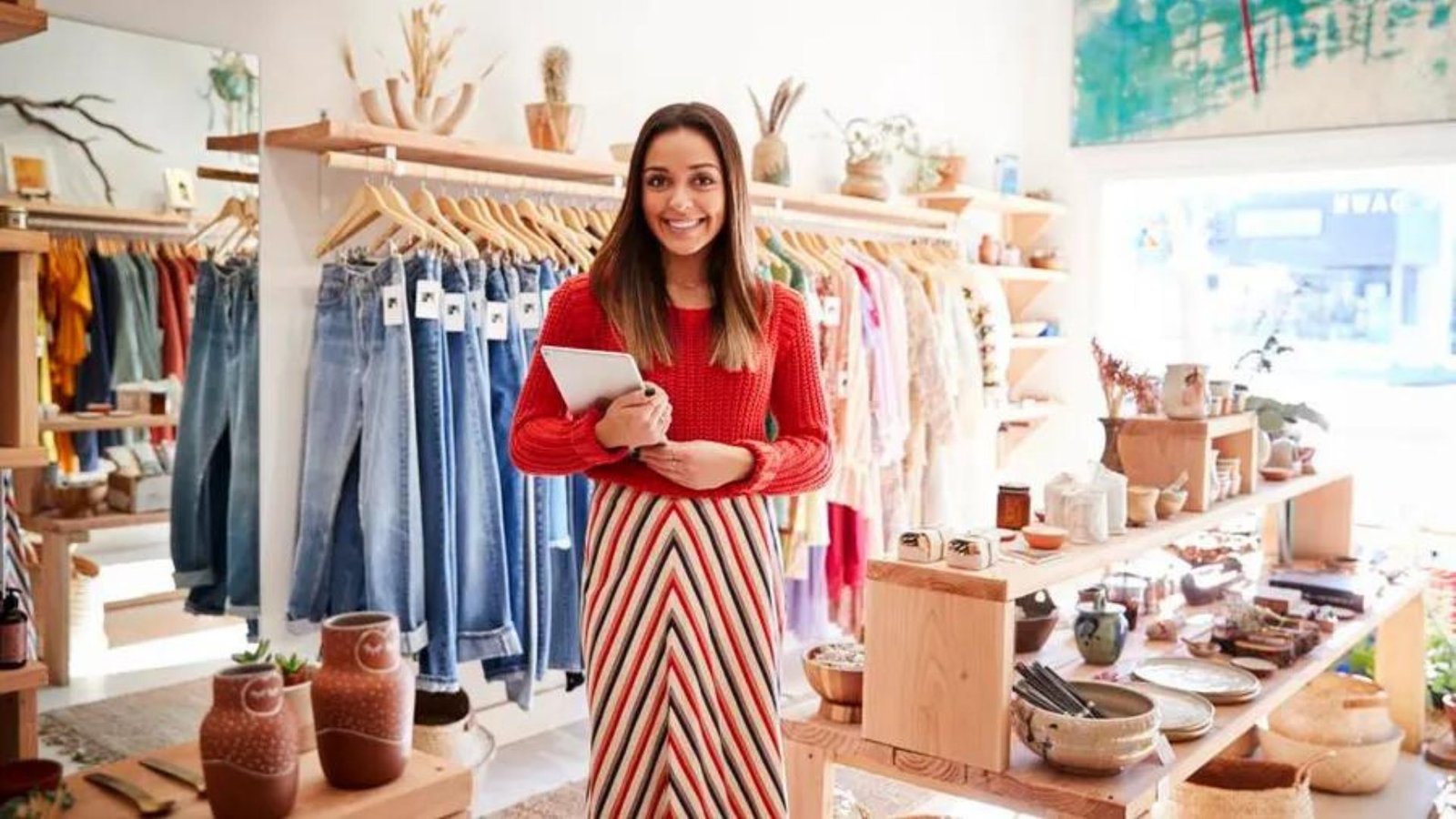 a lady standing in her clothes business shop while holding a book
