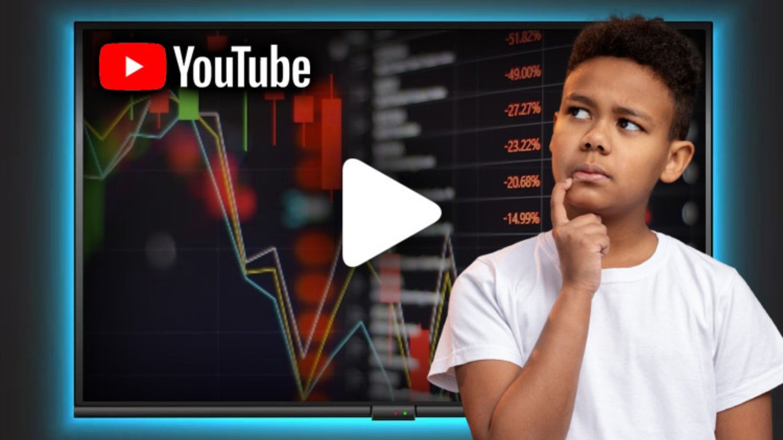 a boy touching his chin with a finger and a graph of stock trading